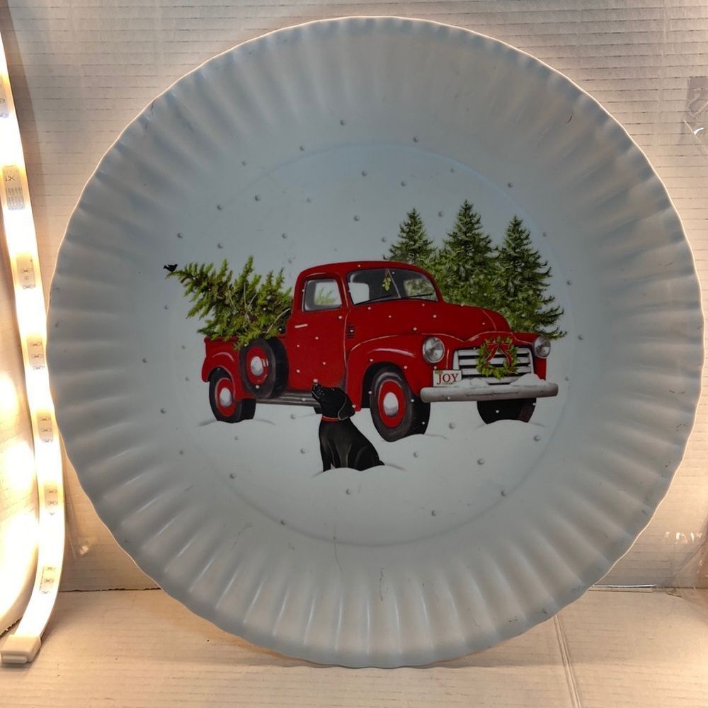 Christmas round serving tray with vintage red pick up truck and Christmas trees